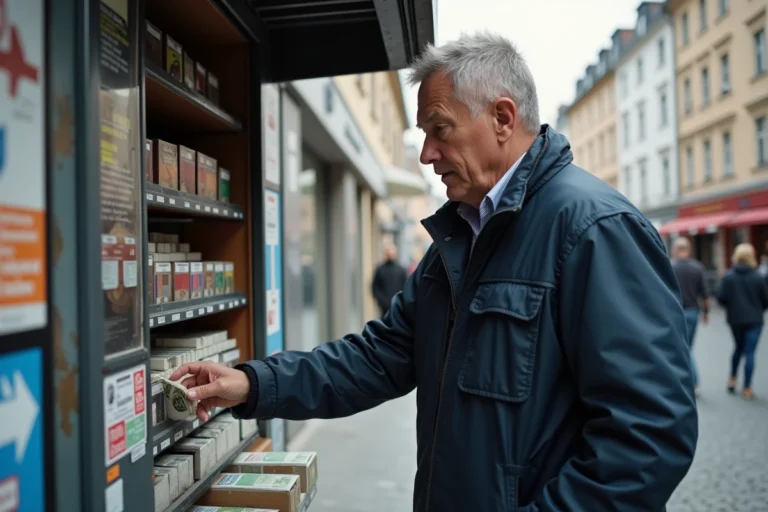 Homme achetant une cartouche de cigarettes à un kiosque à tabac au Luxembourg