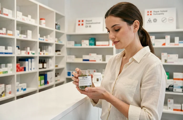 Femme examinant un pot de CBD légal dans une pharmacie suisse moderne