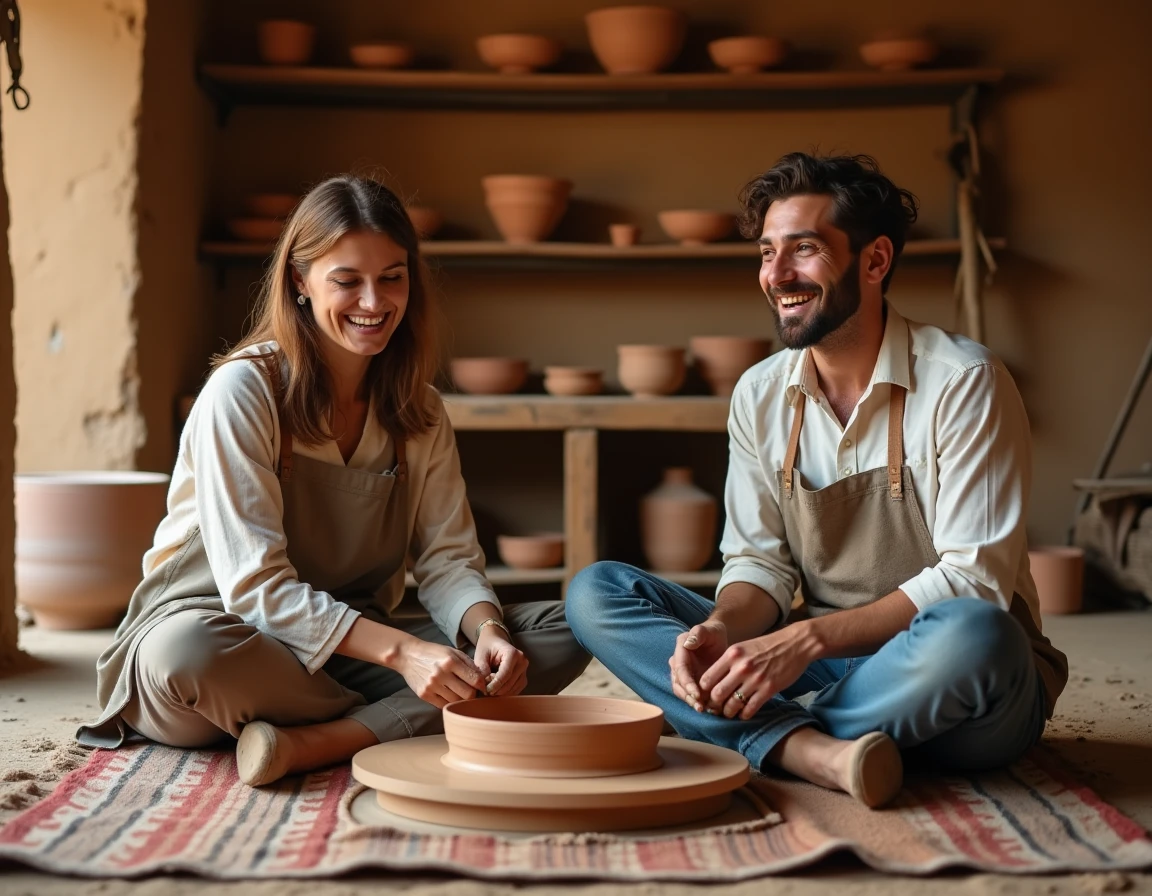 Deux voyageurs apprenant la poterie traditionnelle dans un atelier artisanal authentique