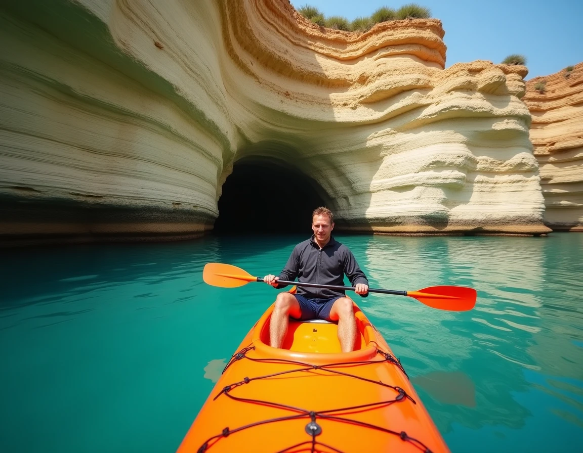 Homme en kayak explorant des falaises calcaires et des grottes marines en voyage