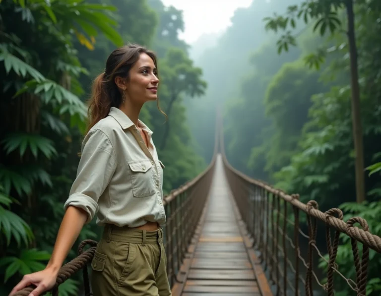 Femme explorant un pont suspendu en forêt tropicale lors d'un voyage d'aventure