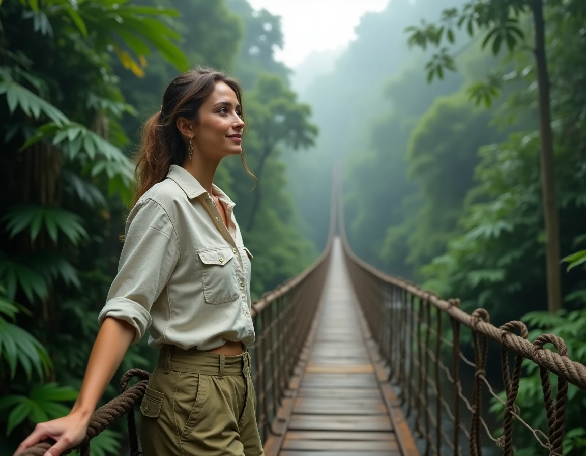Femme explorant un pont suspendu en forêt tropicale lors d'un voyage d'aventure