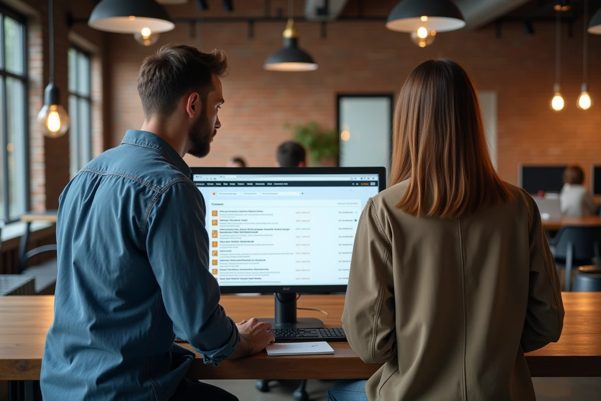 Deux collègues comparant des alternatives à Zone Téléchargement sur un ordinateur de bureau en espace de coworking