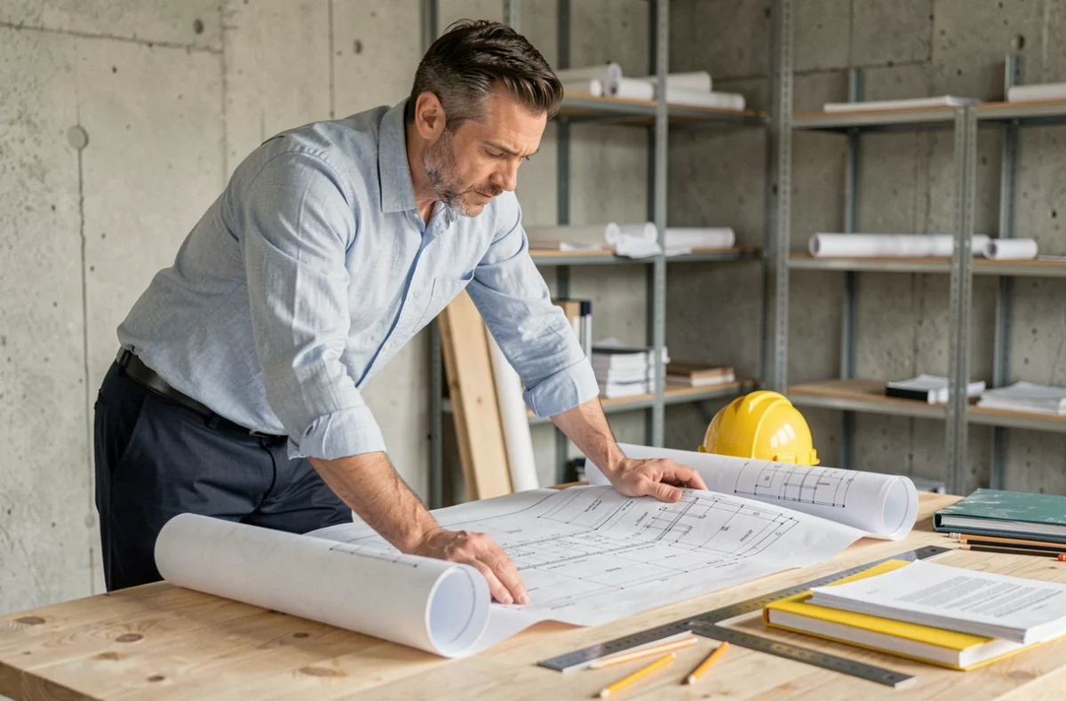 Architecte étudiant des plans de construction dans un bureau de chantier avec casque jaune et blueprints étalés sur une table en bois