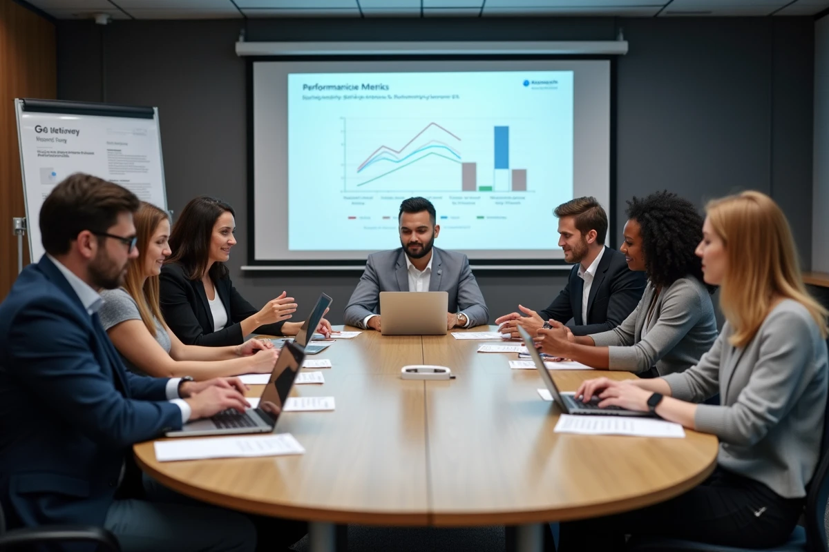 Groupe de professionnels participant à un atelier de formation en entreprise autour d'une table de travail