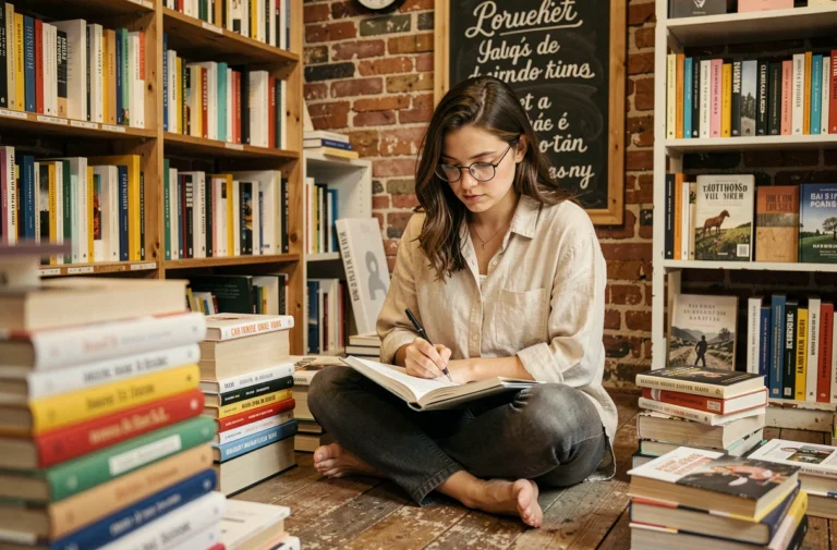 Jeune auteure de littérature indépendante francophone entourée de livres autoédités dans une librairie indépendante