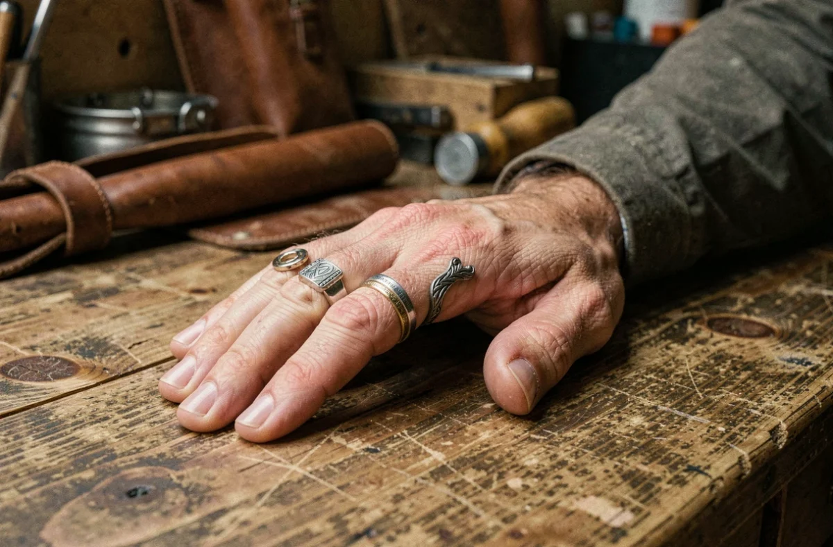 Mannelijke hand die verschillende ringen op elke vinger draagt, geplaatst op een tafel van ruw hout