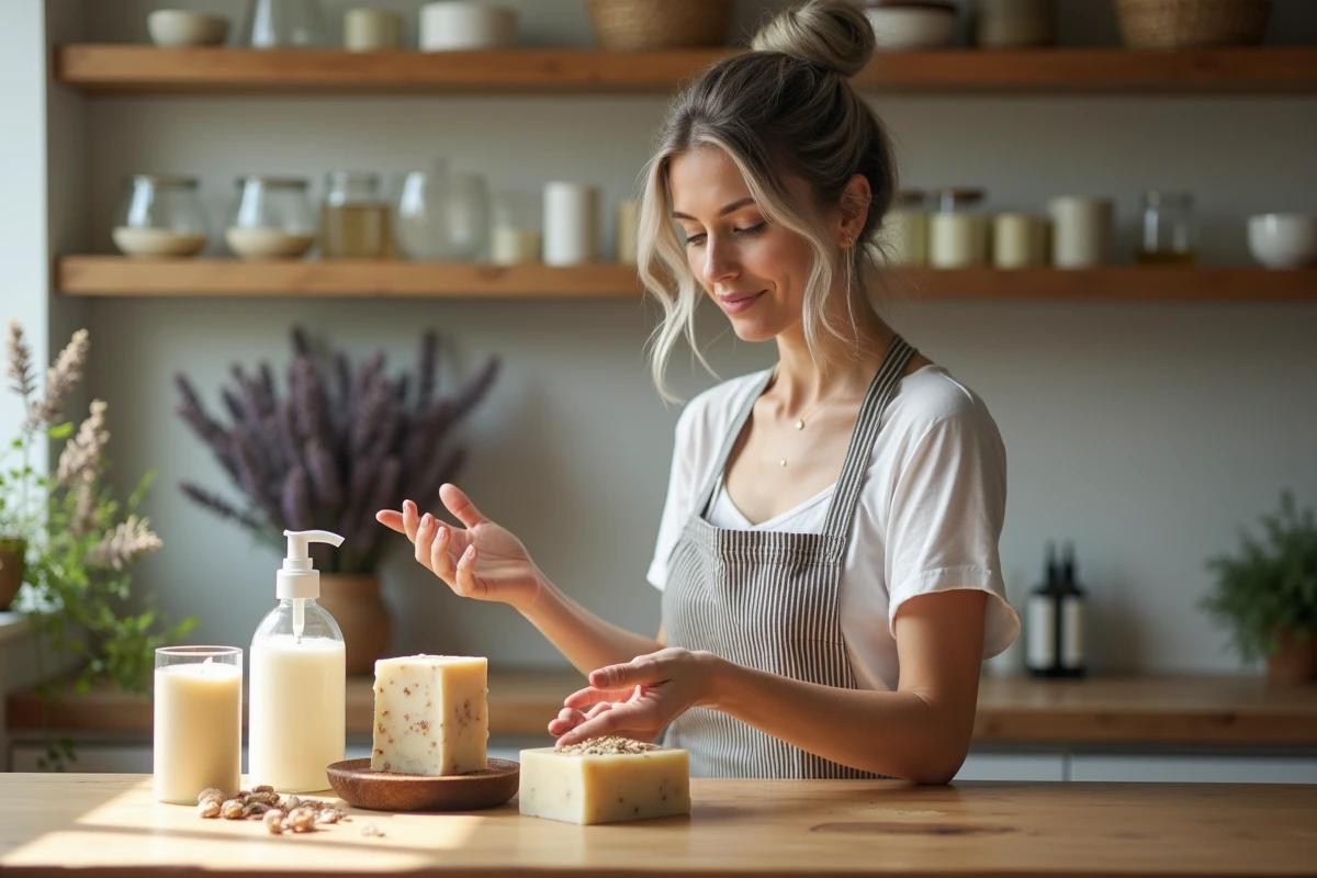 Femme mature arrangeant des cosmétiques naturels artisanaux sur un comptoir en bois dans un espace de beauté éthique et éco-responsable