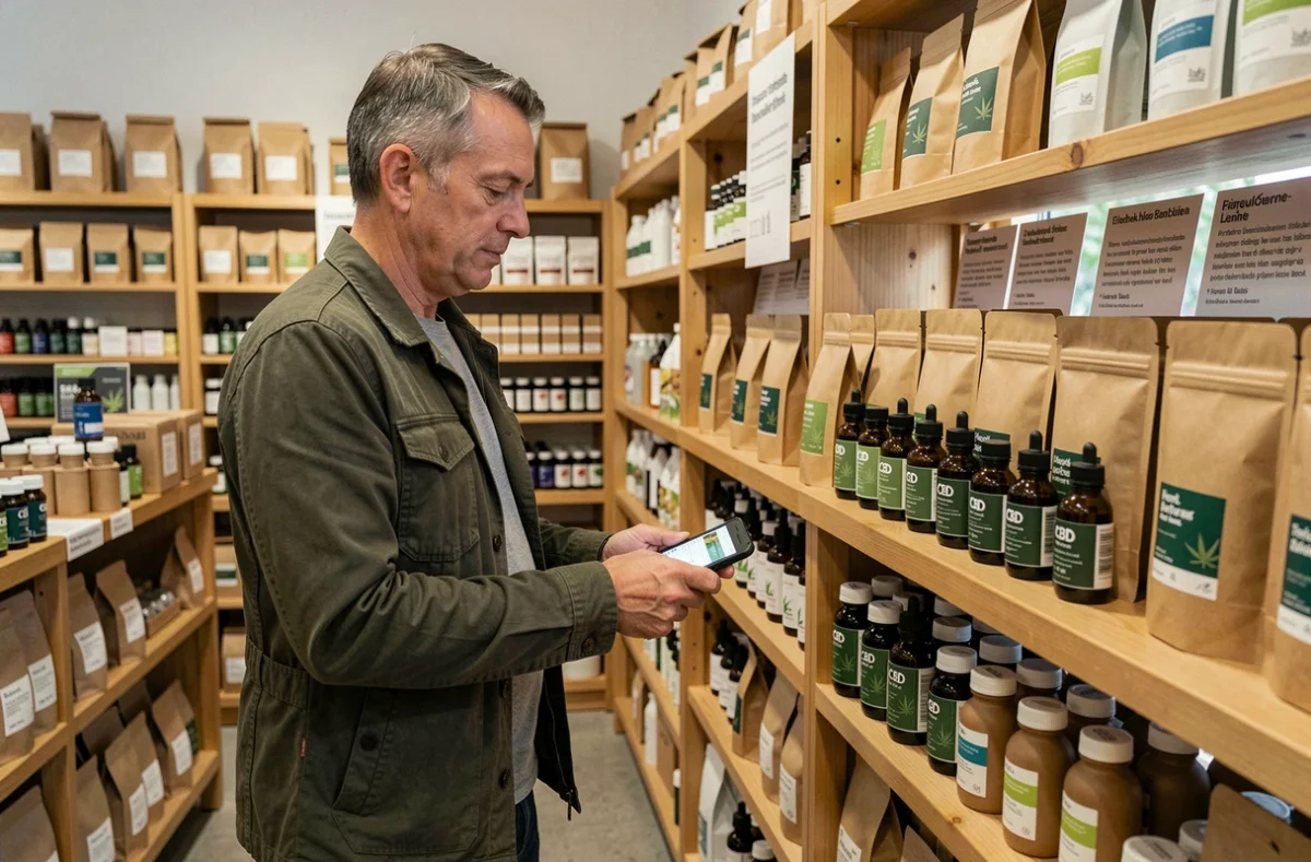 Homme parcourant une sélection de produits CBD dans une boutique de bien-être à Zurich