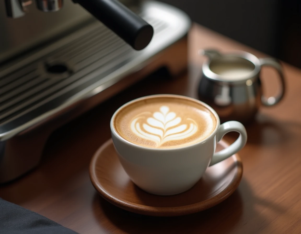 Gros plan d'un cappuccino parfait avec art latte en feuille dans une tasse blanche, DeLonghi Magnifica S en arrière-plan