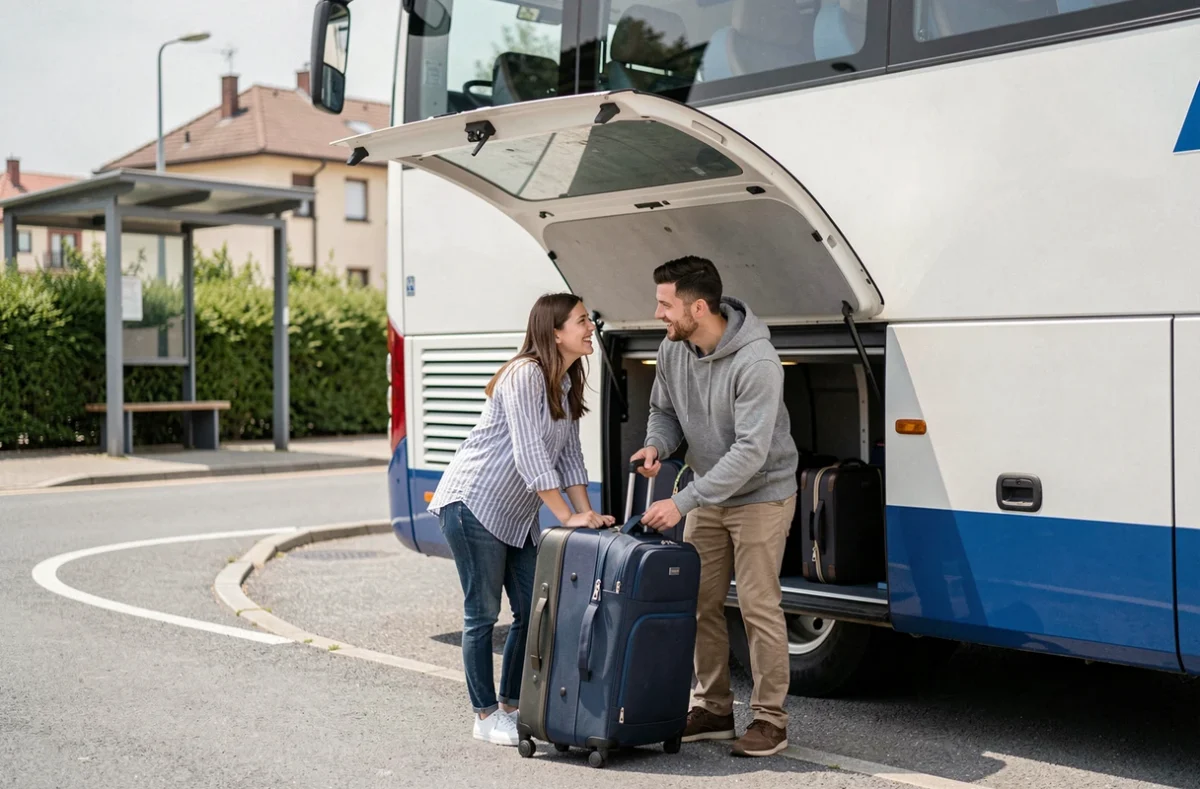 Twee vrienden die hun bagage in de kofferbak van een bus laden, tips voor economisch busreizen