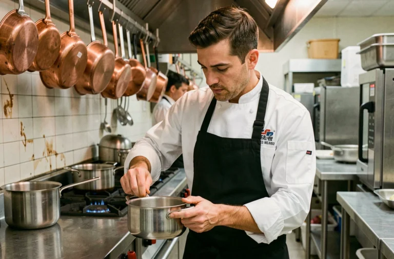 Chef professionnel inspectant une casserole en acier inoxydable dans une cuisine commerciale moderne