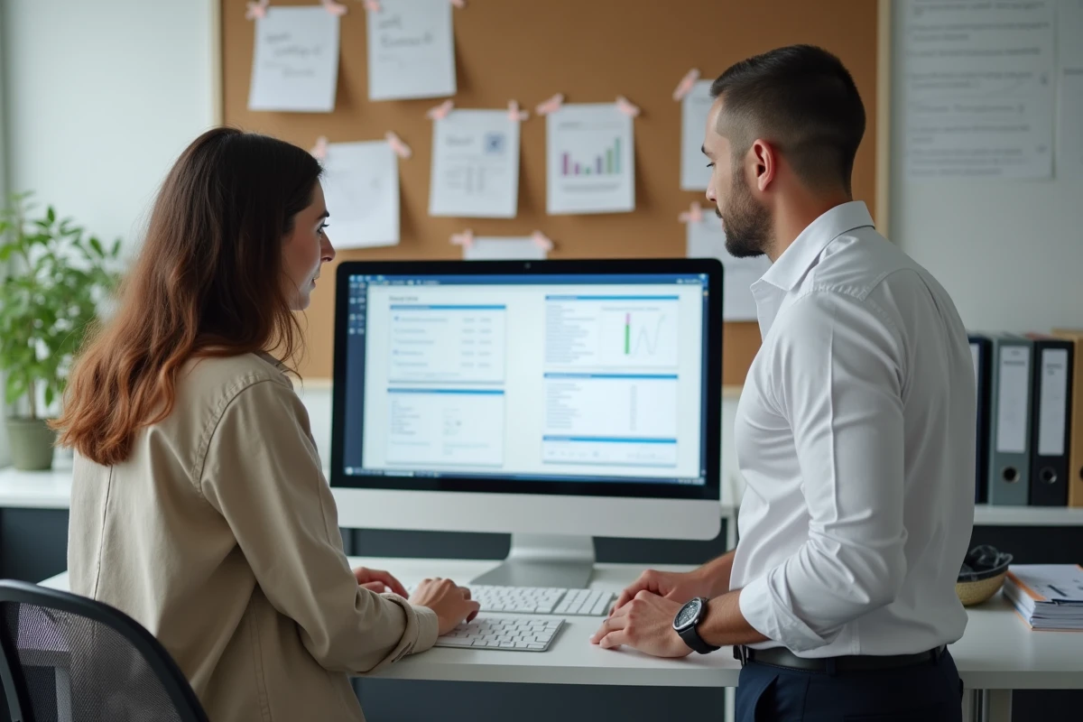 Deux chercheurs comparant des alternatives au logiciel NVivo et leurs tarifs sur un ordinateur dans un laboratoire académique