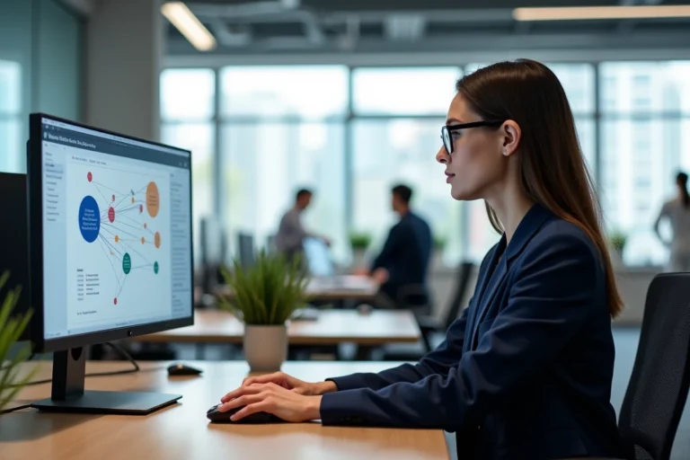 Chercheuse utilisant le logiciel NVivo pour l'analyse qualitative sur un écran d'ordinateur dans un bureau moderne