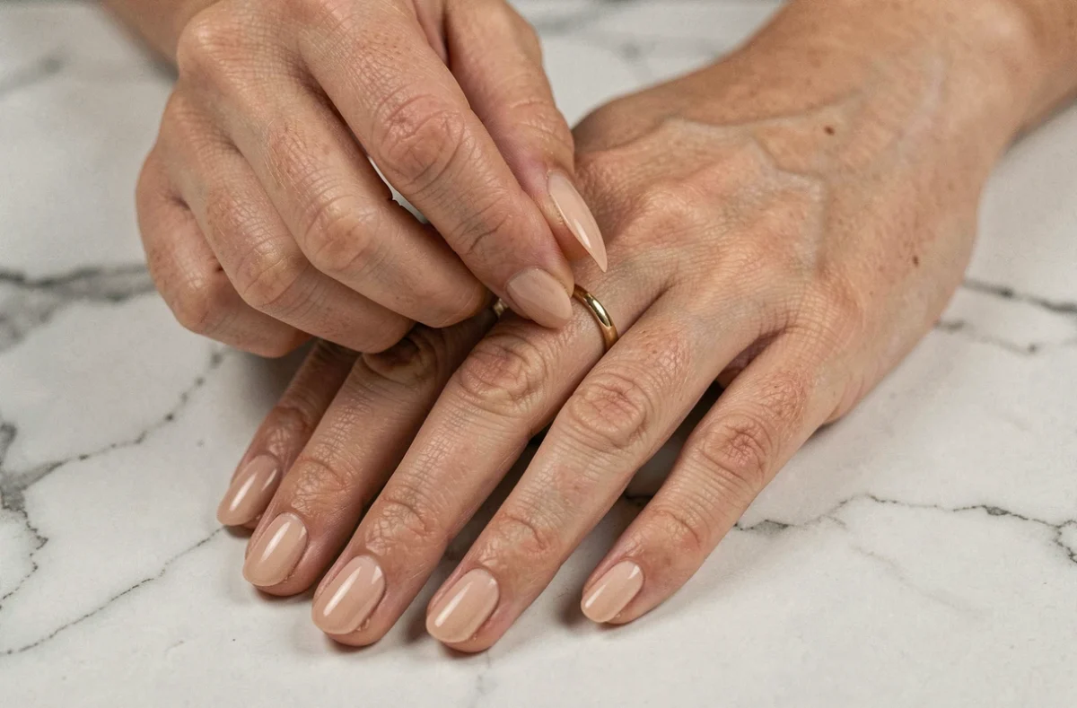 Femme glissant une bague en or sur son annulaire posé sur une surface en marbre blanc