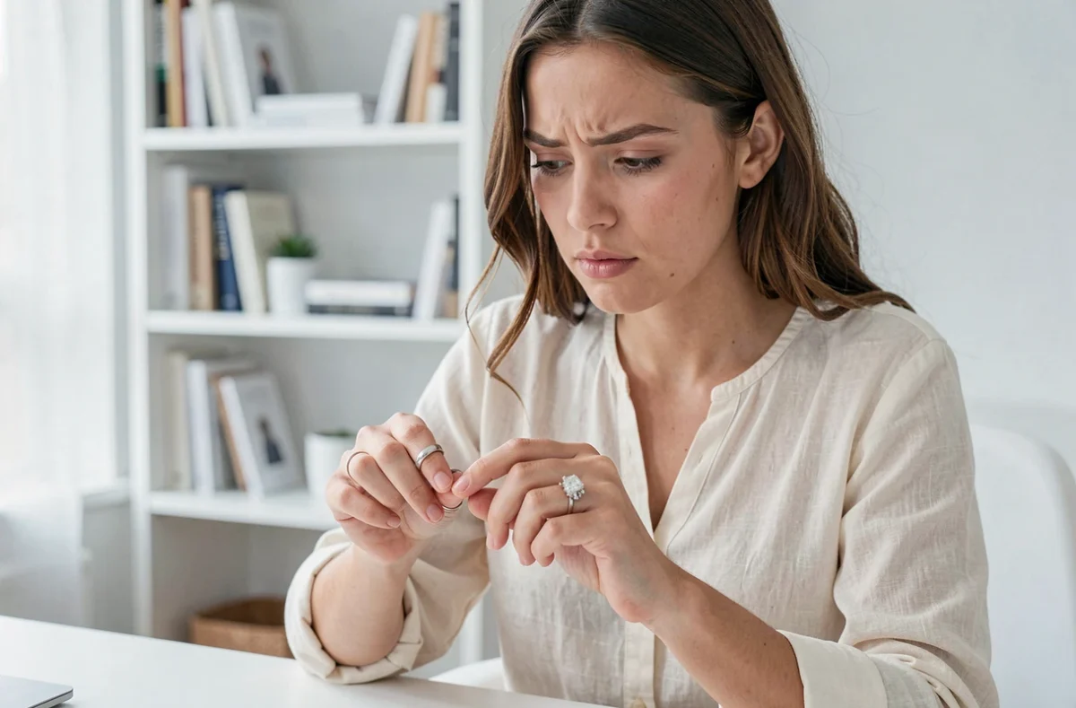 Jonge vrouw die twee ringen vergelijkt op haar bureau in een minimalistisch Scandinavisch interieur