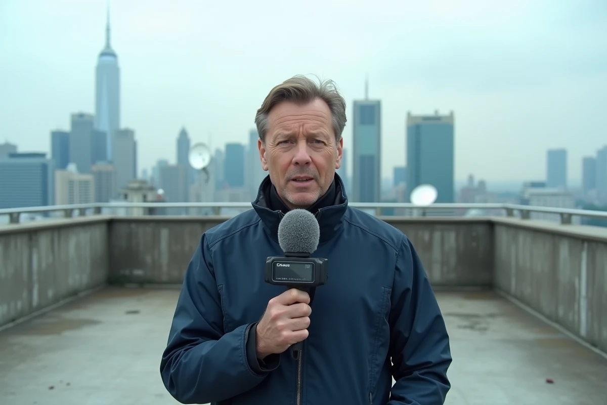 Correspondant de presse en extérieur sur un toit urbain effectuant un reportage en direct avec microphone devant une skyline métropolitaine