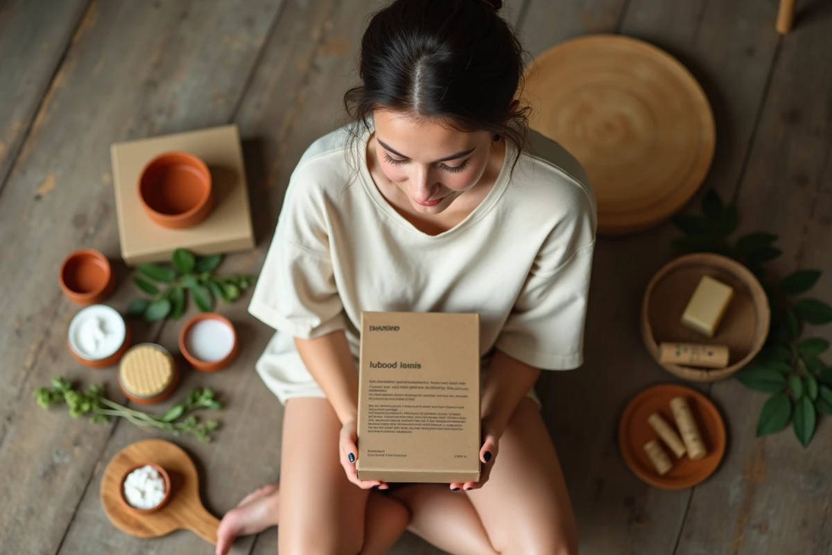 Jeune femme entourée de cosmétiques biologiques et naturels zéro déchet posés sur un plancher en bois rustique