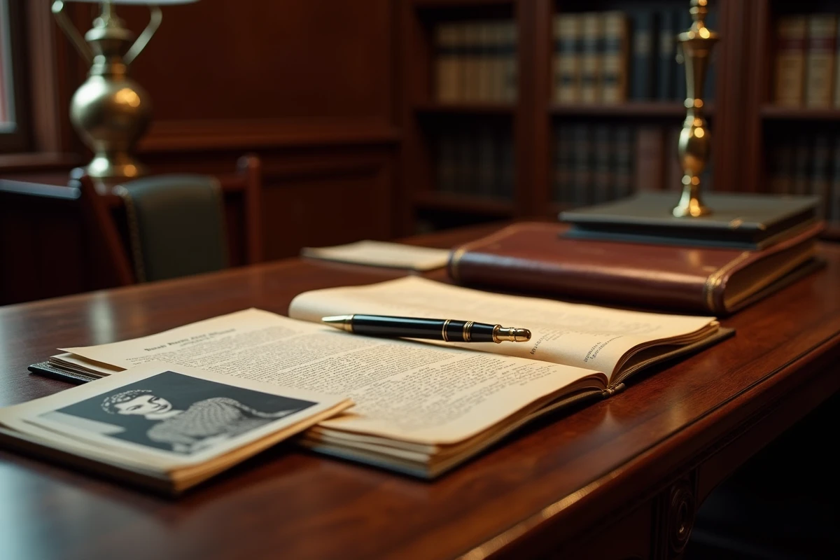Bureau de notaire avec documents juridiques anciens et photographie vintage évoquant l'héritage de Coco Chanel