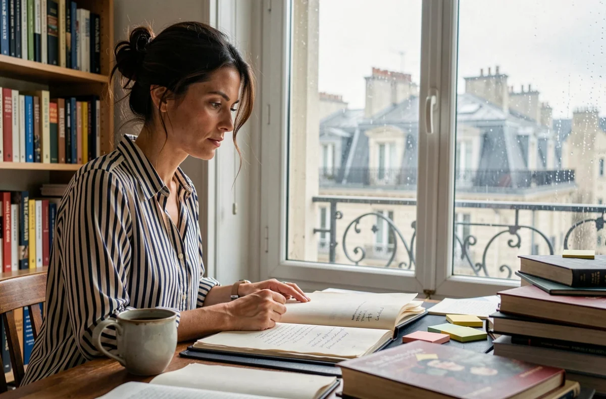 Écrivaine francophone indépendante relisant son manuscrit dans un appartement parisien avec des livres en arrière-plan