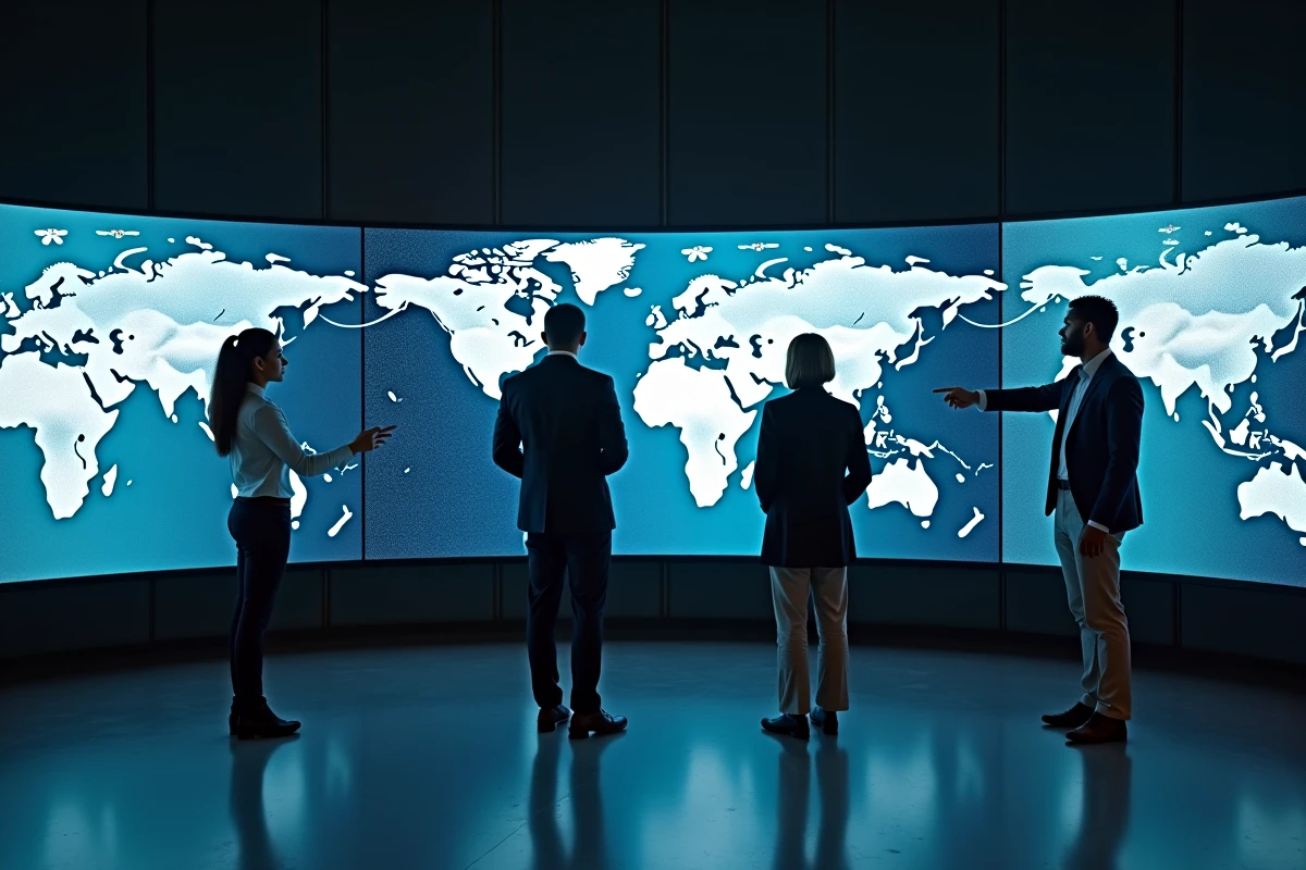 Équipe d'analystes internationaux discutant de données géopolitiques mondiales devant un mur d'écrans dans un centre de veille médiatique