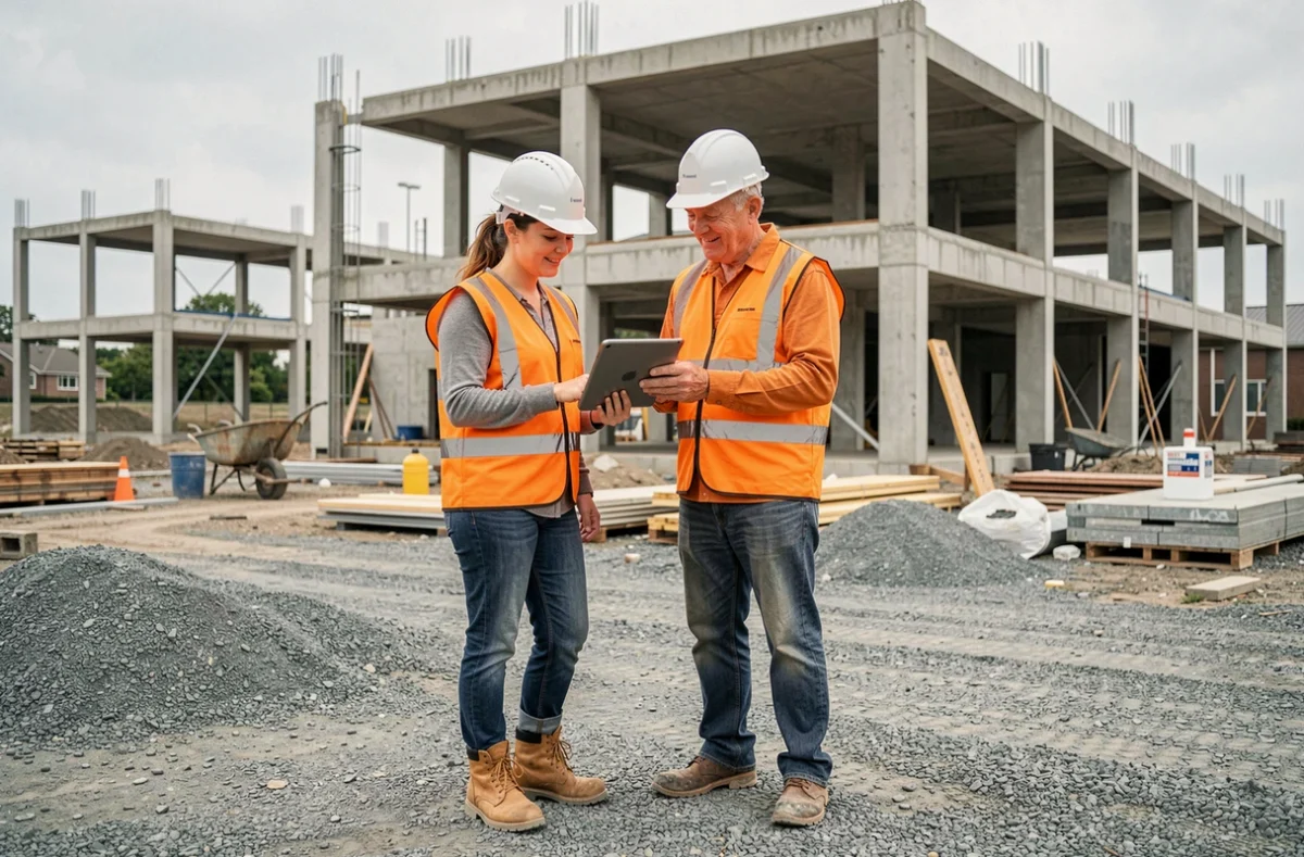 Deux professionnels du bâtiment en gilets de sécurité orange consultant une tablette numérique sur un chantier de construction en cours