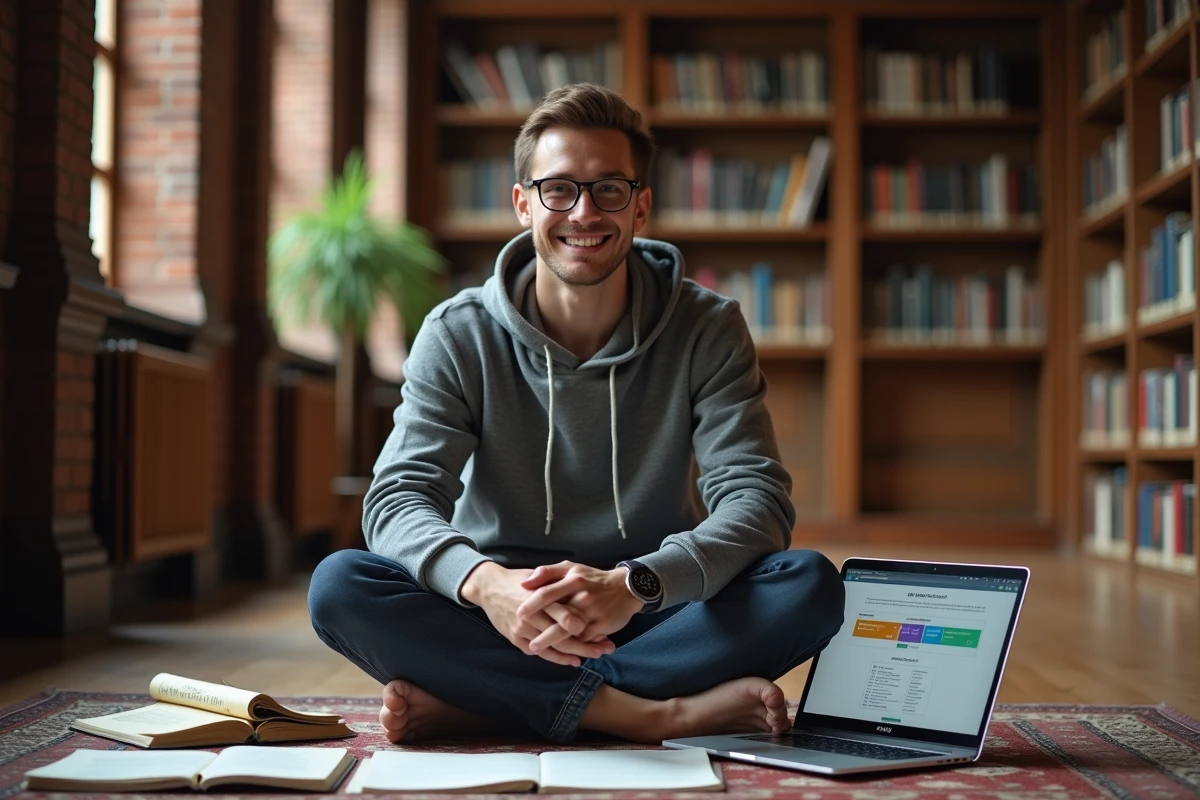 Étudiant comparant les tarifs et l'essai gratuit de logiciels d'analyse qualitative comme NVivo sur son ordinateur portable en bibliothèque universitaire