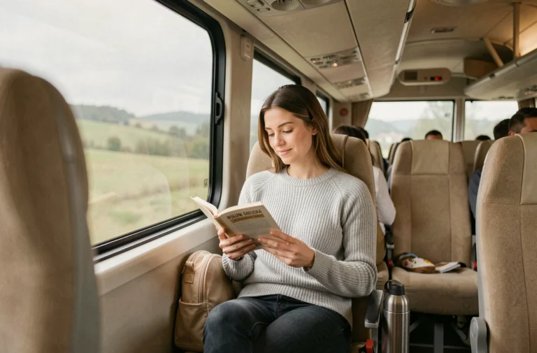 Femme lisant un livre confortablement installée dans un bus longue distance, conseils voyage en bus