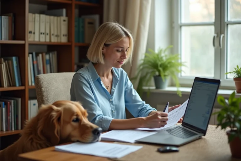 Femme consultant des documents fiscaux à son bureau avec son chien golden retriever pour déduire les frais vétérinaires des impôts