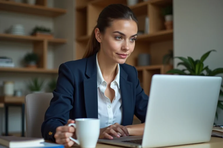 Jeune femme au bureau avec ordinateur et tasse de cafe