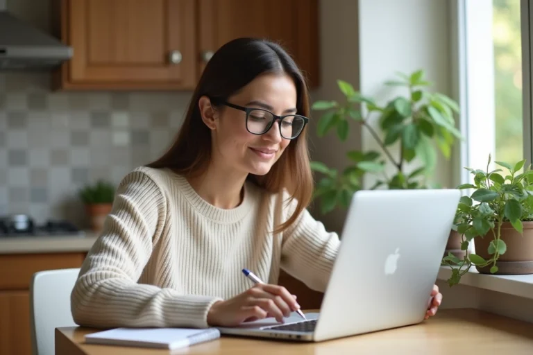 Femme en cuisine prenant des notes avec son ordinateur