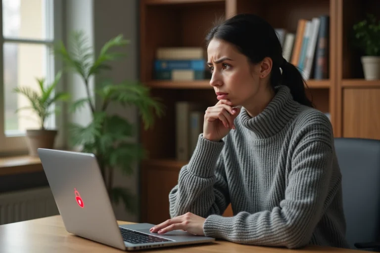 Femme frustrée devant un écran d'ordinateur affichant une erreur de connexion à sa messagerie LaPoste.net