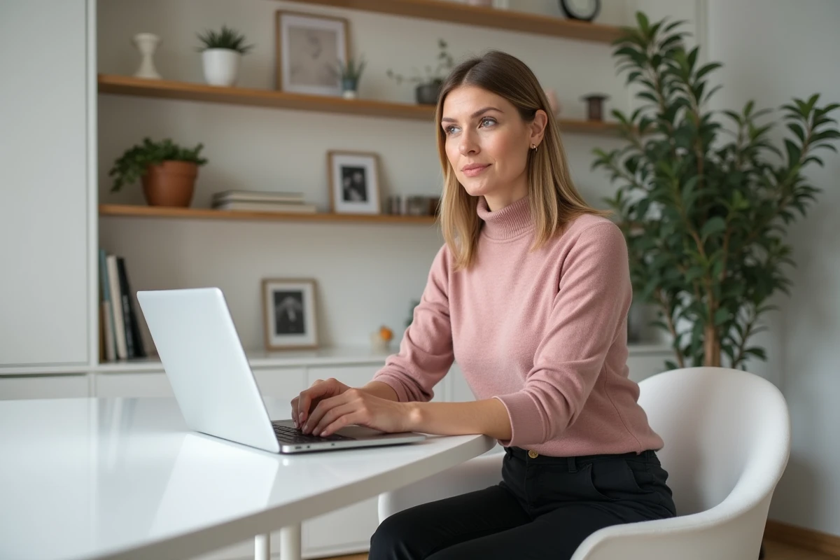 Femme épanouie travaillant à son bureau à domicile, symbolisant un parcours professionnel accompli