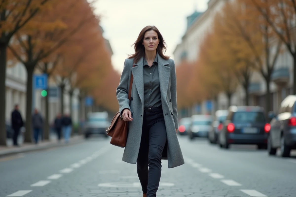 Femme déterminée marchant dans une avenue urbaine européenne avec une architecture classique en automne