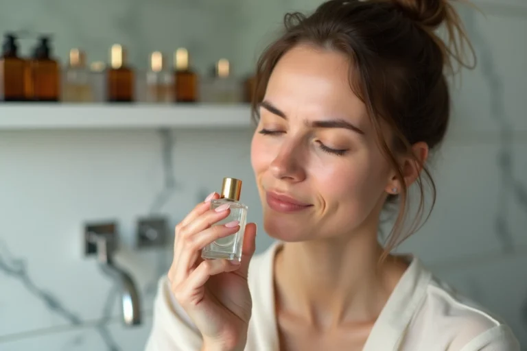 Femme à peau sensible sentant un flacon de parfum en verre dans une salle de bain en marbre minimaliste