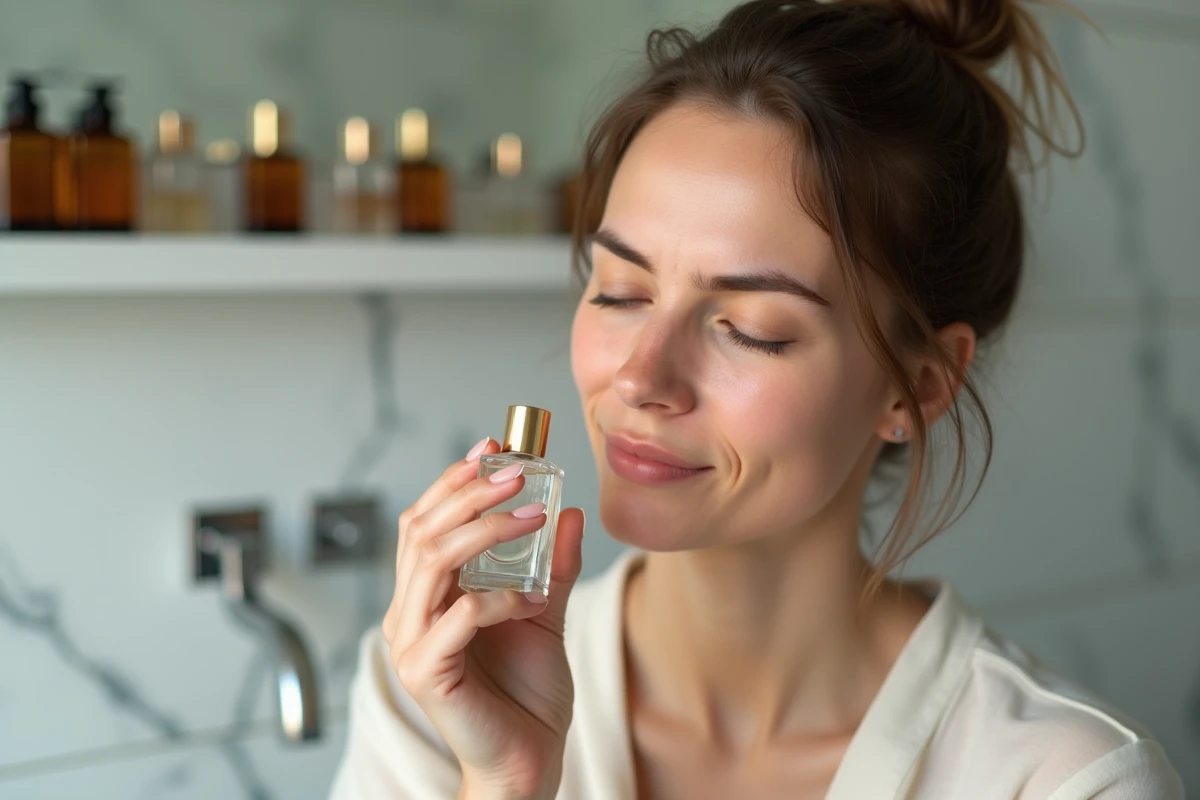 Femme à peau sensible sentant un flacon de parfum en verre dans une salle de bain en marbre minimaliste