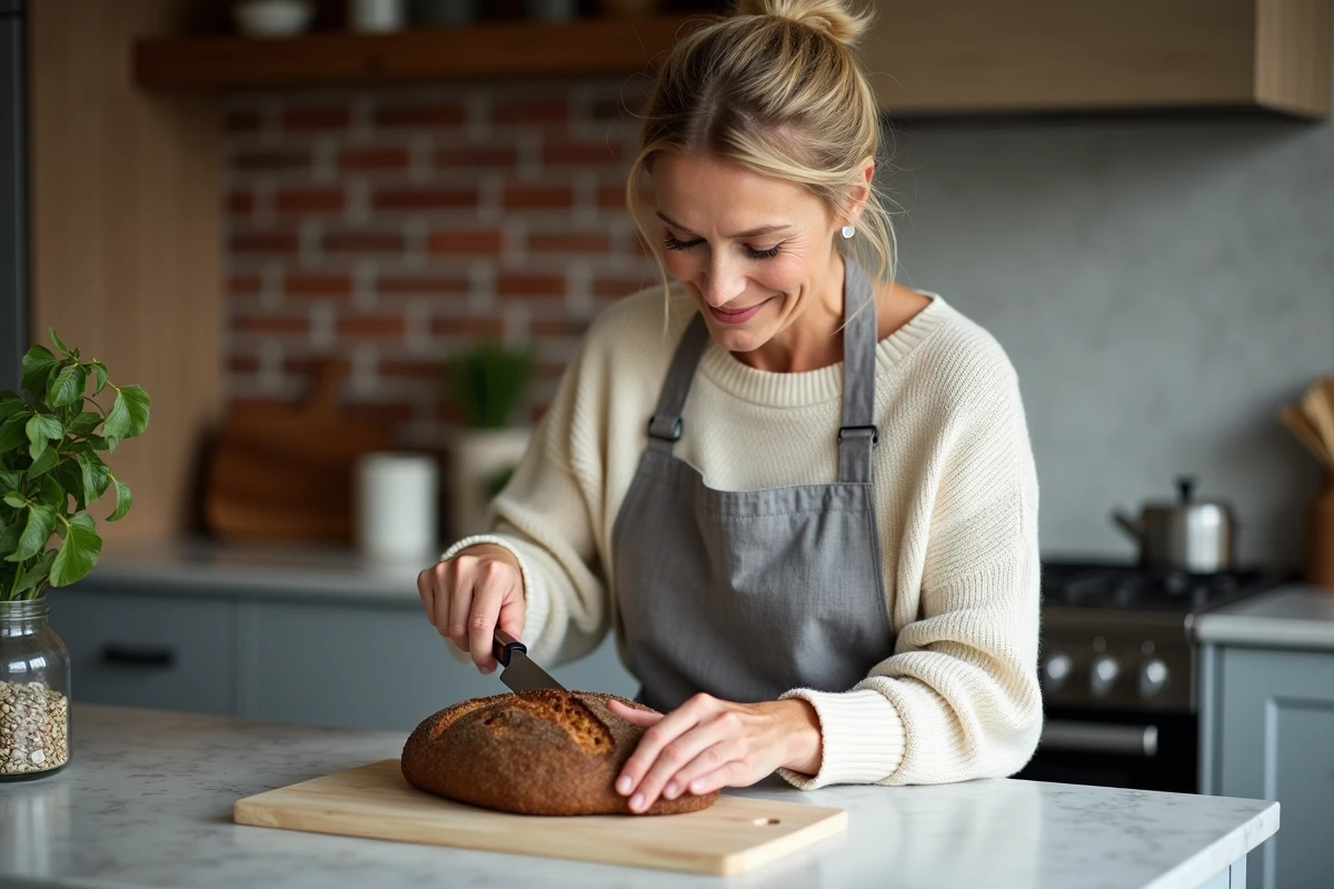Femme en tablier de lin coupant un pain nordique rugbrød dense sur un comptoir en marbre dans une cuisine artisanale