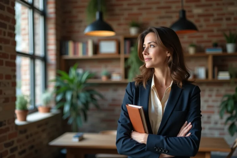 Portrait de femme professionnelle confiante dans un espace de coworking moderne, tenant un carnet de notes
