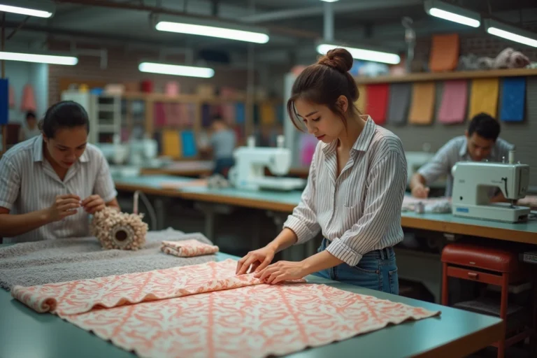 Femme inspectant un tissu dans un atelier textile animé