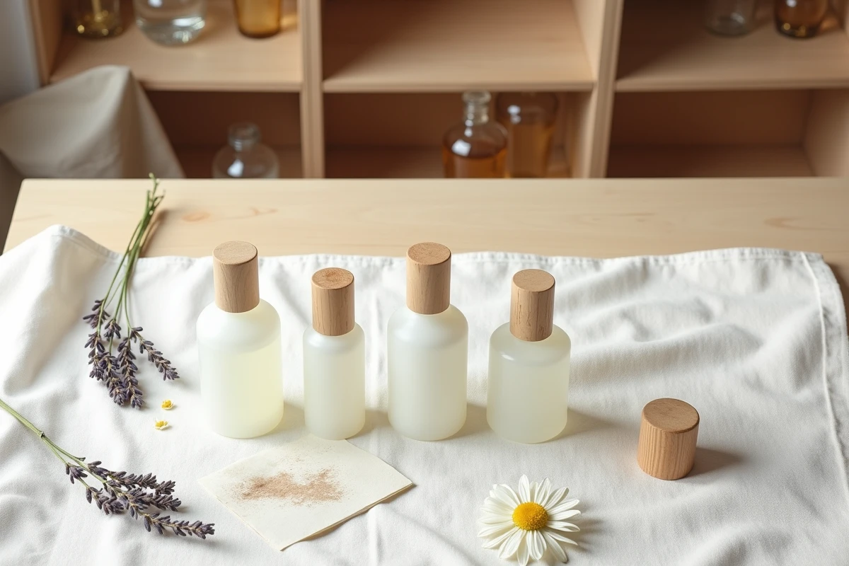Flatlay minimaliste de flacons de parfum avec des ingrédients botaniques naturels sur lin blanc pour peaux sensibles