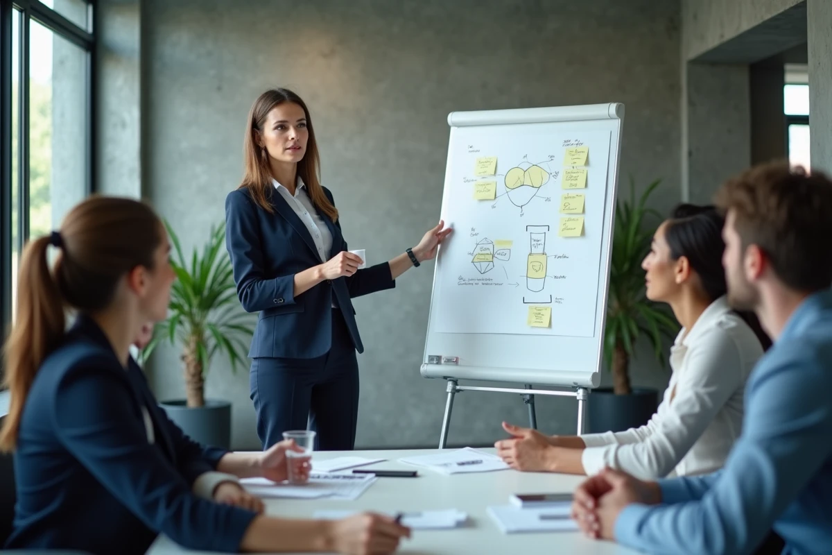 Formatrice professionnelle présentant un plan de formation à son équipe dans une salle de réunion moderne