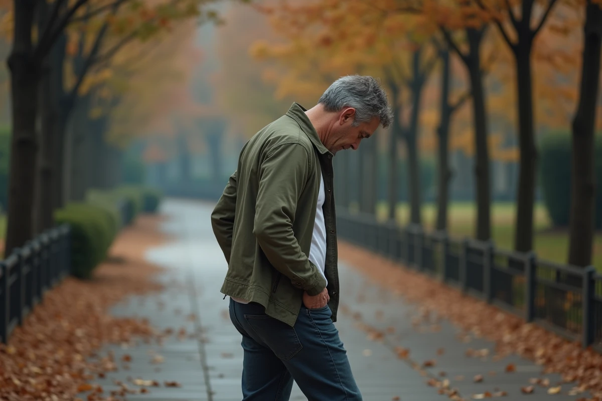 Homme marchant seul dans une allée d'automne, symbolisant la résilience et le chemin de guérison face à une maladie auto-immune