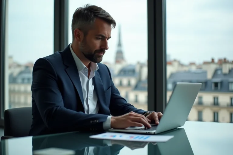 Homme d'affaires français en costume dans un bureau parisien