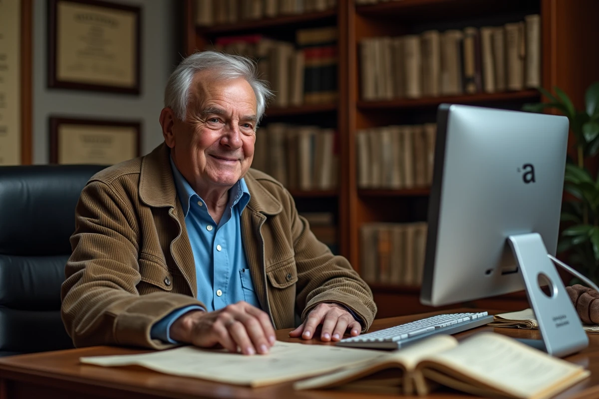 Homme d age travaillant sur un ordinateur dans un bureau ancien