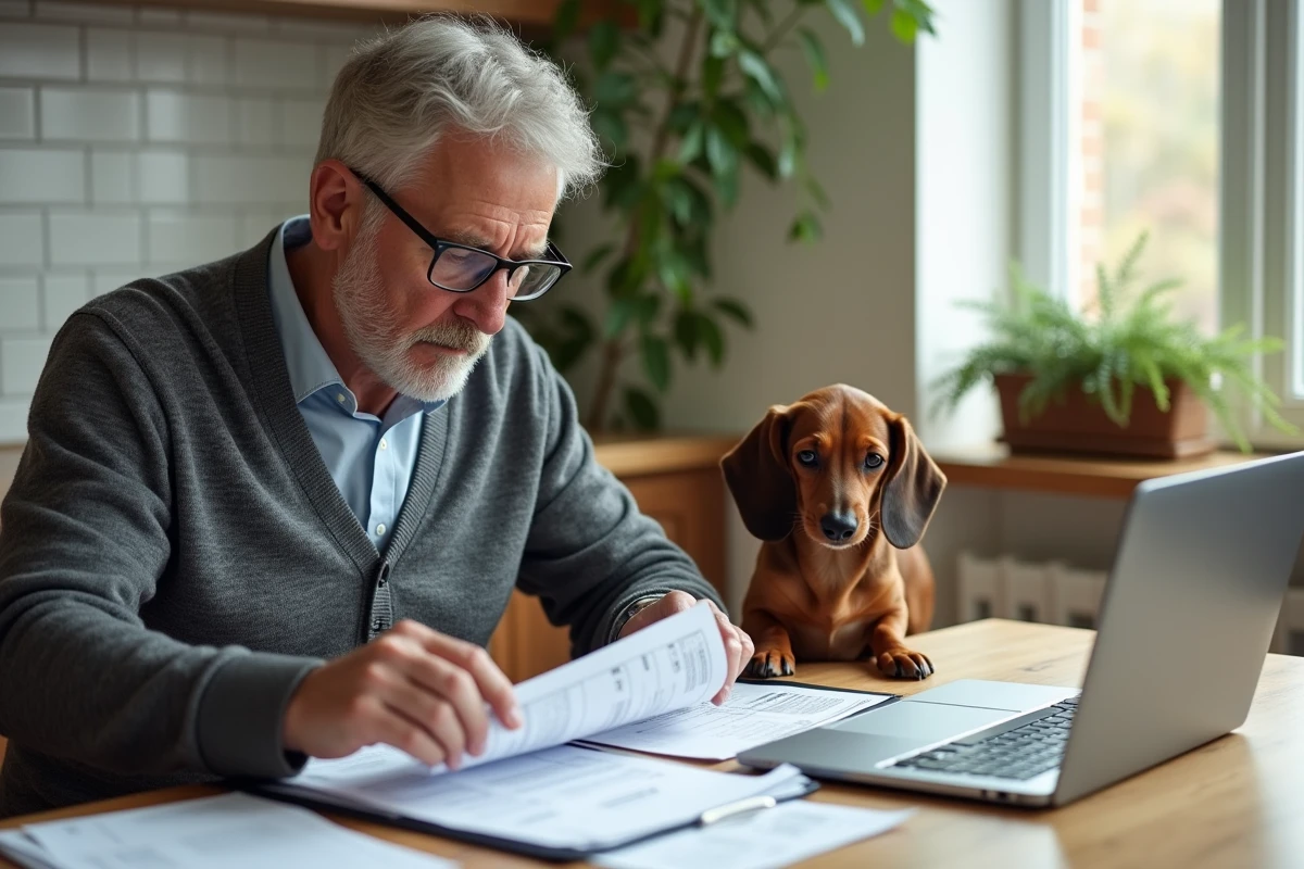 Homme âgé classant ses factures vétérinaires et reçus dans un dossier pour préparer sa déclaration de revenus et déduire les frais animaux