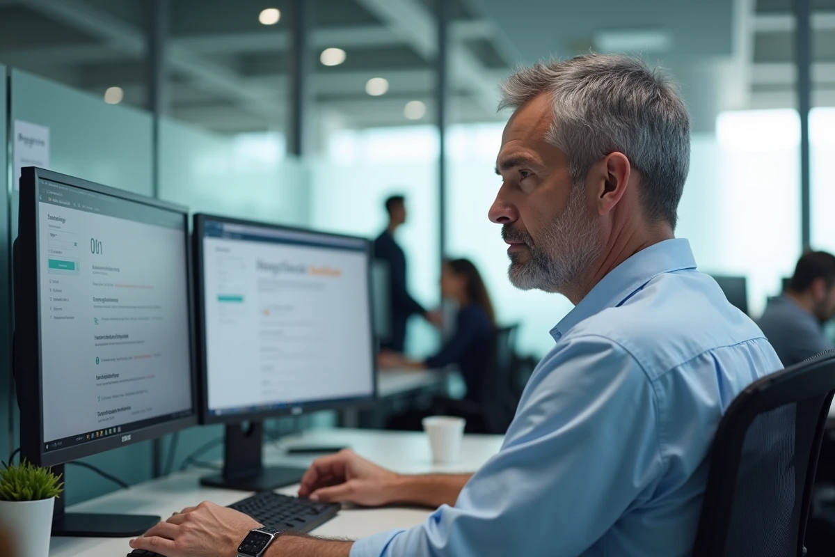 Homme consultant un guide de dépannage pour résoudre un problème d'accès à la messagerie LaPoste.net au bureau