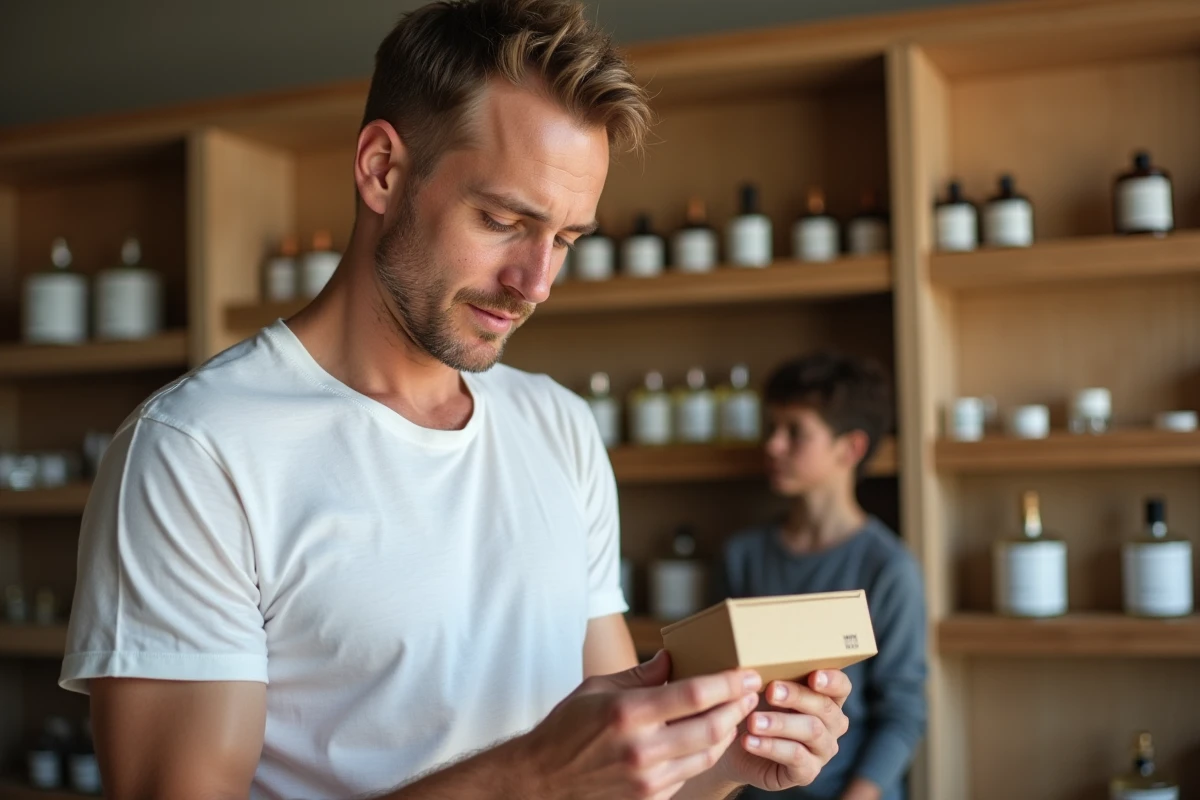Homme lisant la liste des ingrédients d'un parfum dans une parfumerie artisanale pour peaux sensibles