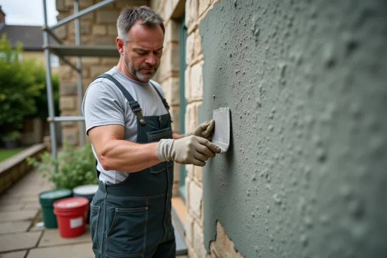 Ouvrier en overalls scrappant un mur extérieur