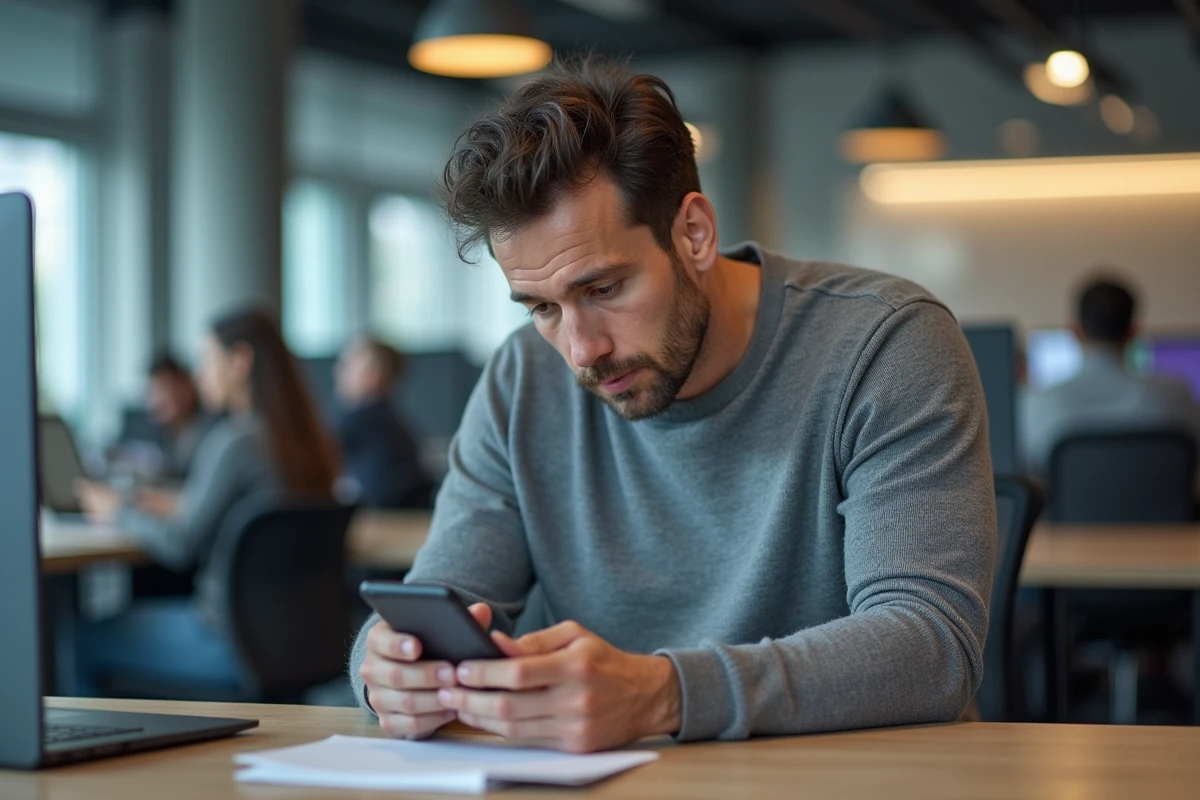 Homme d age moyen regardant son smartphone au bureau
