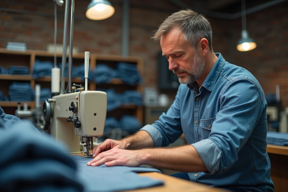 Homme cousant un vêtement à la machine dans un atelier industriel